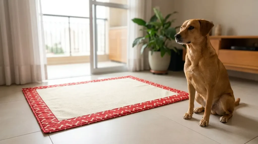 Cachorro sentado ao lado de tapete higiênico lavável grande no chão de um apartamento